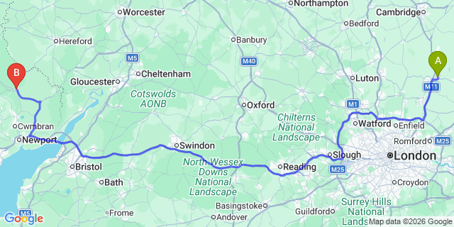 Map: London Stansted Airport (STN) to Abergavenny