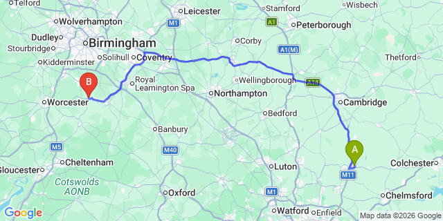 Map: London Stansted Airport (STN) to Alcester