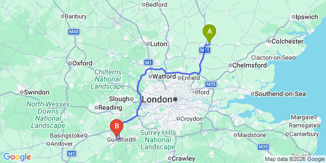 Map: London Stansted Airport (STN) to Aldershot
