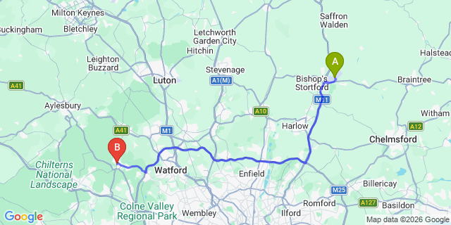 Map: London Stansted Airport (STN) to Amersham