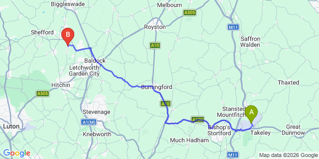 Map: London Stansted Airport (STN) to Arlesey