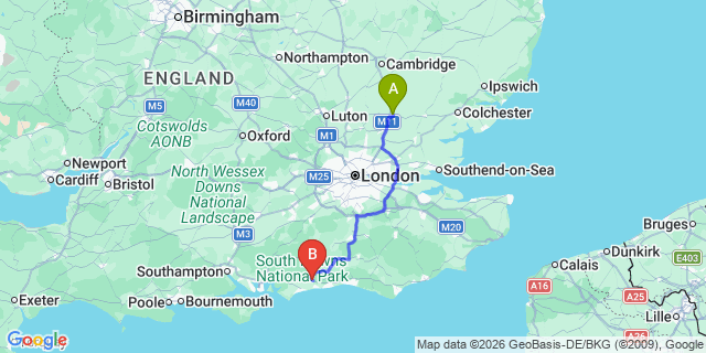 Map: London Stansted Airport (STN) to Arundel