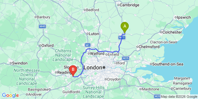 Map: London Stansted Airport (STN) to Ascot