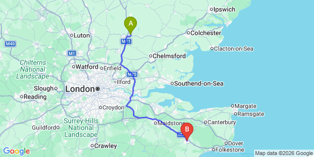 Map: London Stansted Airport (STN) to Ashford