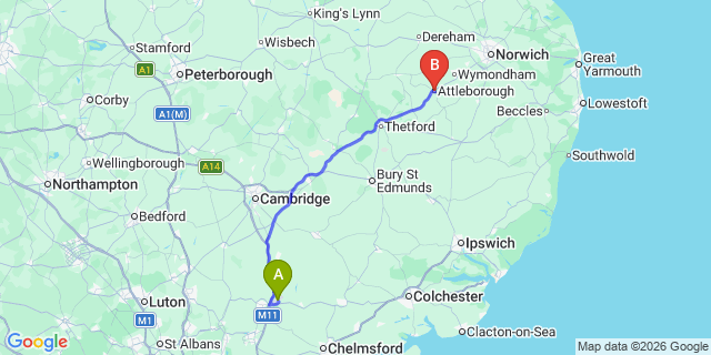 Map: London Stansted Airport (STN) to Attleborough