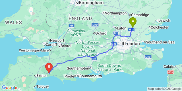 Map: London Stansted Airport (STN) to Axminster