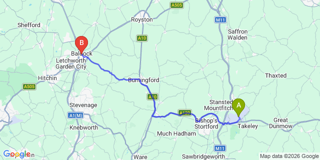 Map: London Stansted Airport (STN) to Baldock