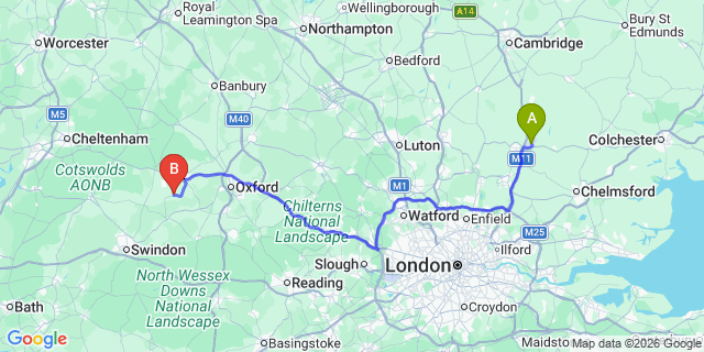 Map: London Stansted Airport (STN) to Bampton