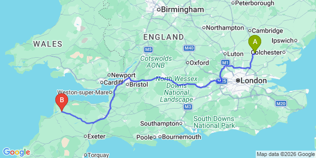 Map: London Stansted Airport (STN) to Barnstaple