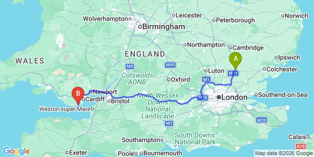 Map: London Stansted Airport (STN) to Barry
