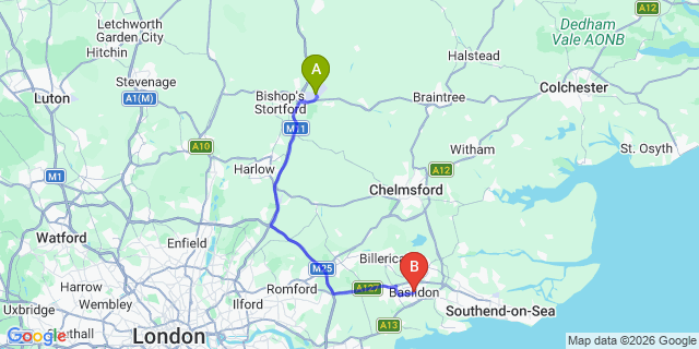 Map: London Stansted Airport (STN) to Basildon