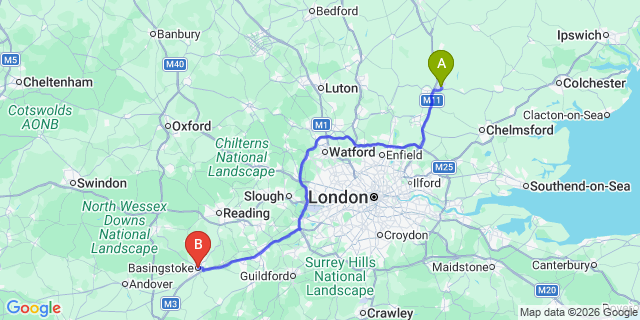 Map: London Stansted Airport (STN) to Basingstoke