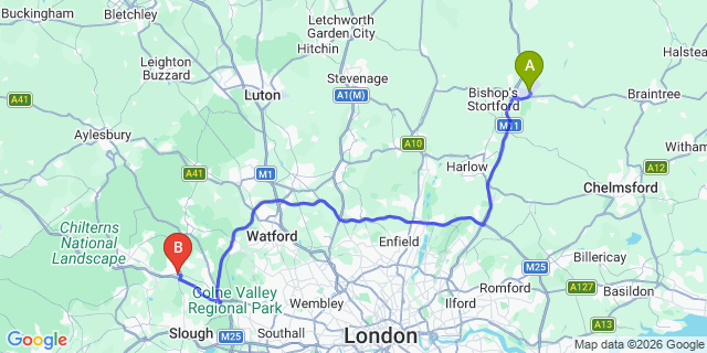 Map: London Stansted Airport (STN) to Beaconsfield