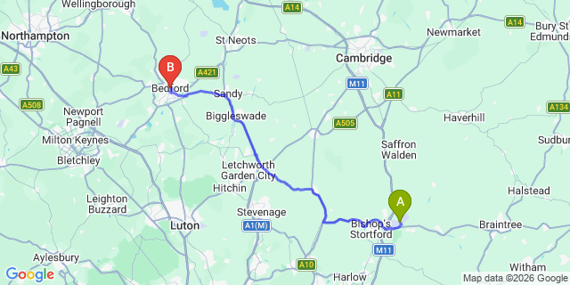 Map: London Stansted Airport (STN) to Bedford