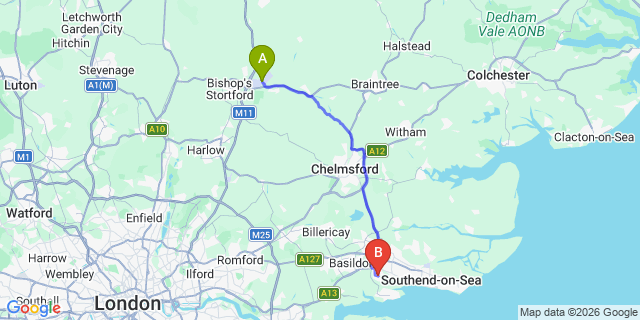 Map: London Stansted Airport (STN) to Benfleet