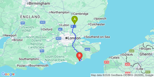 Map: London Stansted Airport (STN) to Bexhill