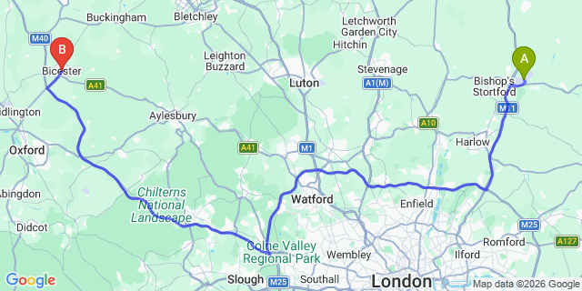 Map: London Stansted Airport (STN) to Bicester
