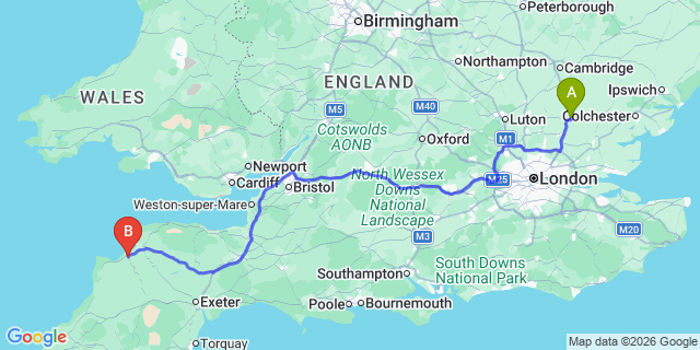 Map: London Stansted Airport (STN) to Bideford