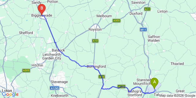 Map: London Stansted Airport (STN) to Biggleswade