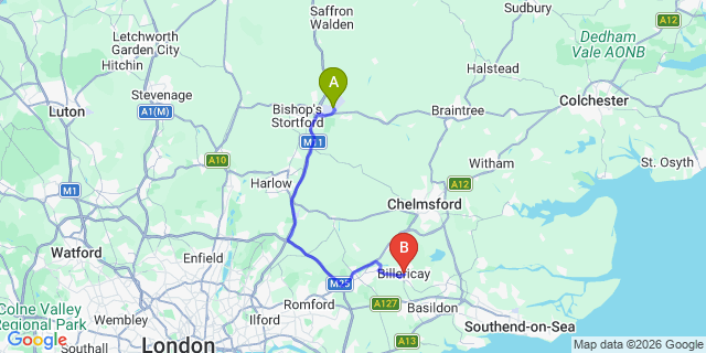 Map: London Stansted Airport (STN) to Billericay