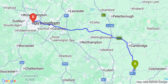 Map: London Stansted Airport (STN) to Birmingham