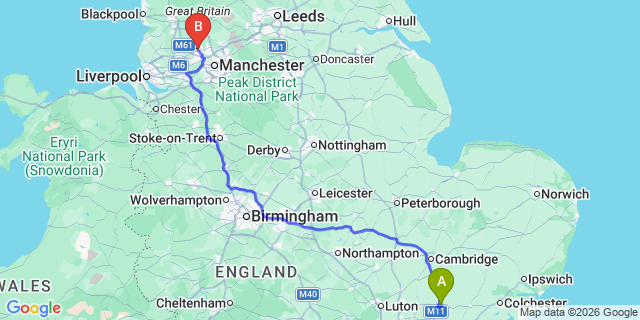 Map: London Stansted Airport (STN) to Bolton