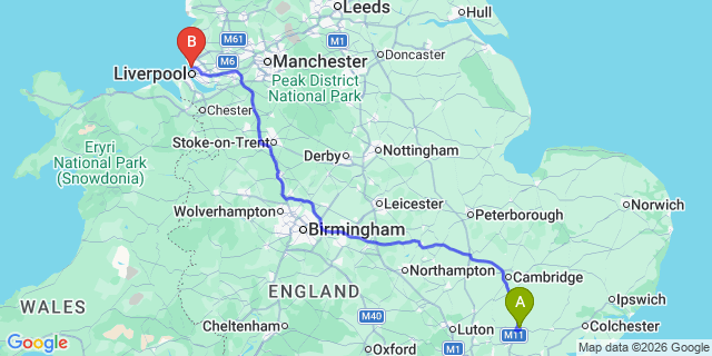 Map: London Stansted Airport (STN) to Bootle