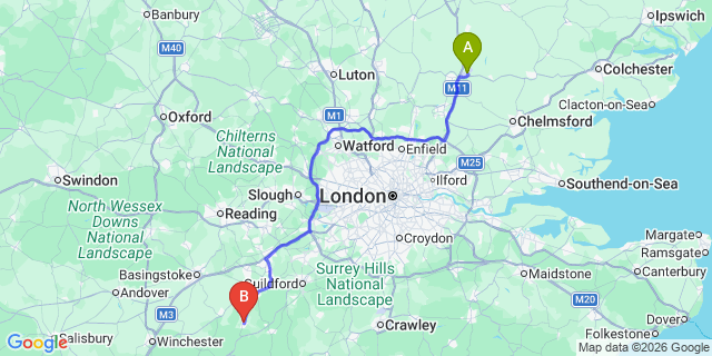 Map: London Stansted Airport (STN) to Bordon