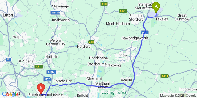 Map: London Stansted Airport (STN) to Borehamwood