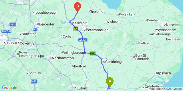 Map: London Stansted Airport (STN) to Bourne