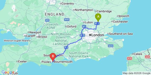 Map: London Stansted Airport (STN) to Bournemouth