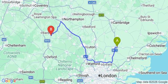 Map: London Stansted Airport (STN) to Brackley