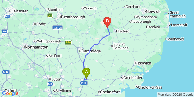Map: London Stansted Airport (STN) to Brandon