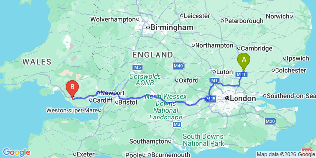 Map: London Stansted Airport (STN) to Bridgend