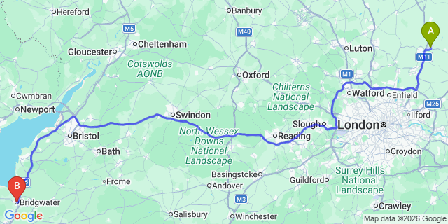 Map: London Stansted Airport (STN) to Bridgwater