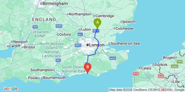 Map: London Stansted Airport (STN) to Brighton