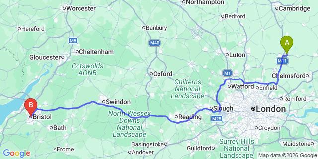 Map: London Stansted Airport (STN) to Bristol
