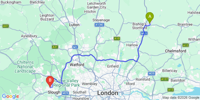 Map: London Stansted Airport (STN) to Britwell