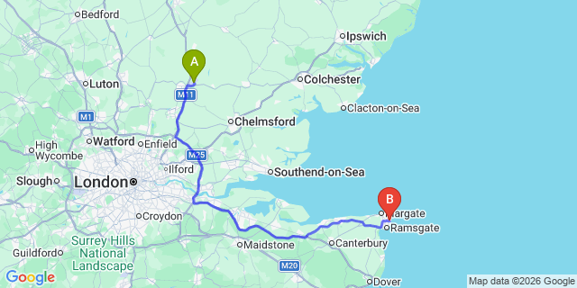 Map: London Stansted Airport (STN) to Broadstairs