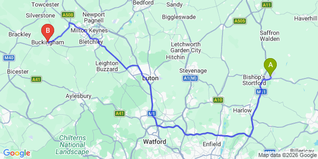 Map: London Stansted Airport (STN) to Buckingham