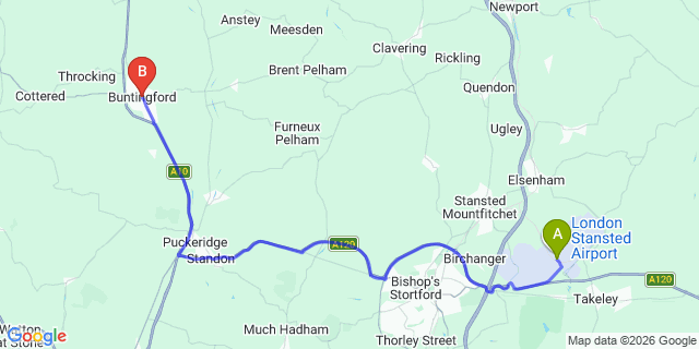 Map: London Stansted Airport (STN) to Buntingford