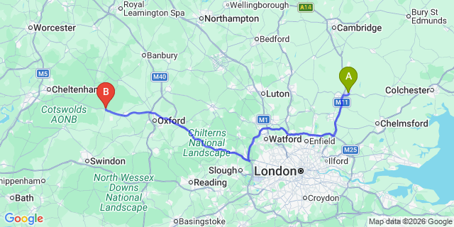 Map: London Stansted Airport (STN) to Burford