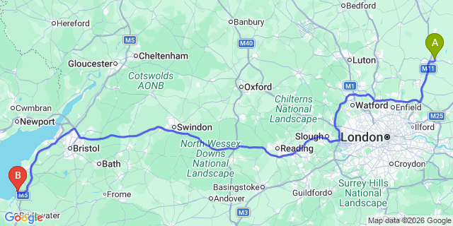 Map: London Stansted Airport (STN) to Burnham-On-Sea
