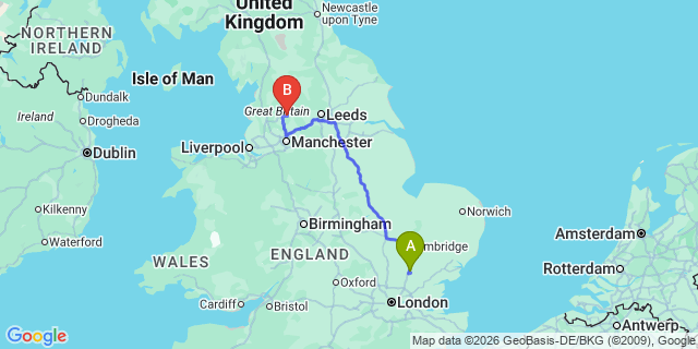 Map: London Stansted Airport (STN) to Burnley