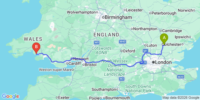 Map: London Stansted Airport (STN) to Burry Port