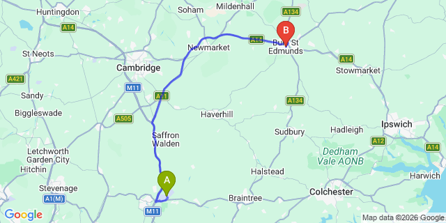 Map: London Stansted Airport (STN) to Bury St Edmunds