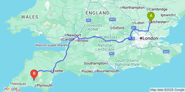 Map: London Stansted Airport (STN) to Calstock