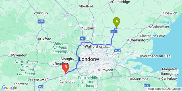 Map: London Stansted Airport (STN) to Camberley