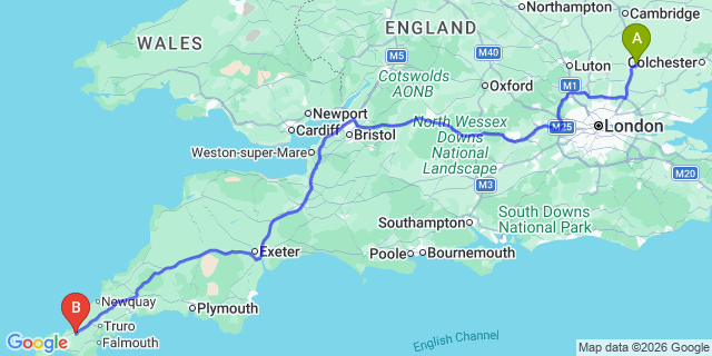 Map: London Stansted Airport (STN) to Camborne