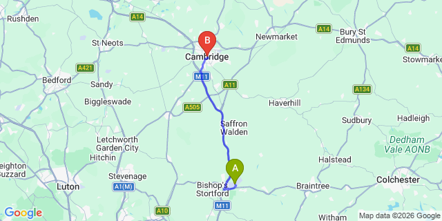 Map: London Stansted Airport (STN) to Cambridge